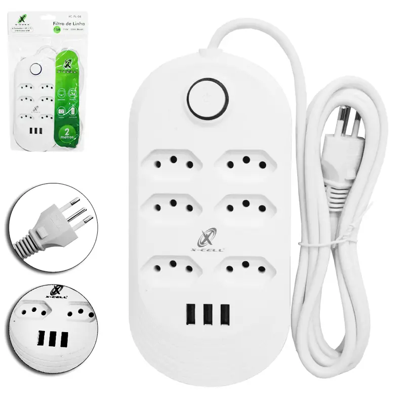 EXTENSAO FILTRO LINHA BRANCO 2M COM 6 TOMADAS TRIPOLAR + 3 (ENTRADAS) SAIDAS USB 10A BIVOLT X-CELL CABO PP