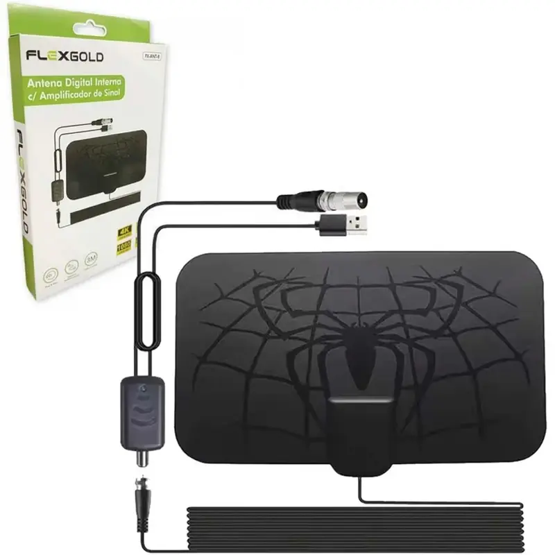 ANTENA DIGITAL INTERNA COM AMPLIFICADOR DE SINAL 4K ULTRA HD 1080P FLEXGOLD CABO 3M
