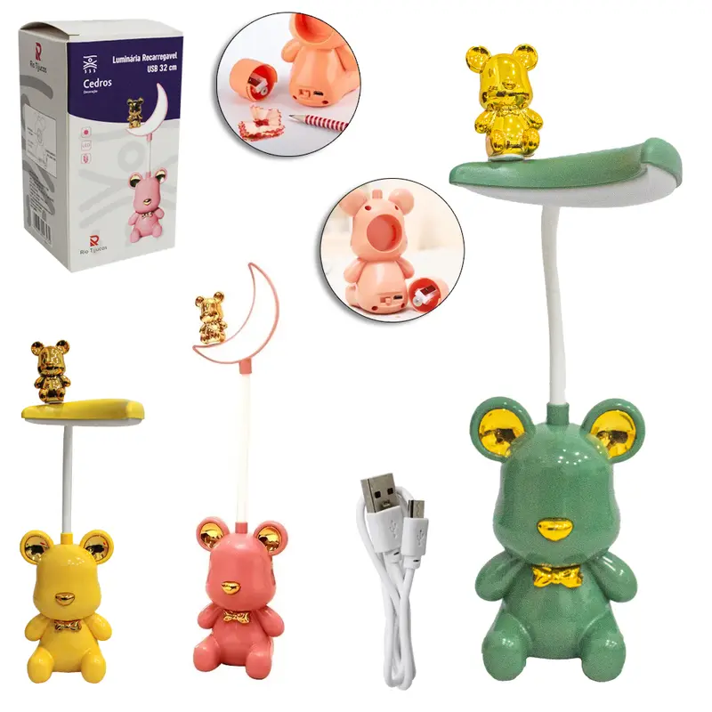 LUMINARIA DE MESA FLEXIVEL RECARREGAVEL 8 LEDS + BASE URSO COM APONTADOR E CABO USB