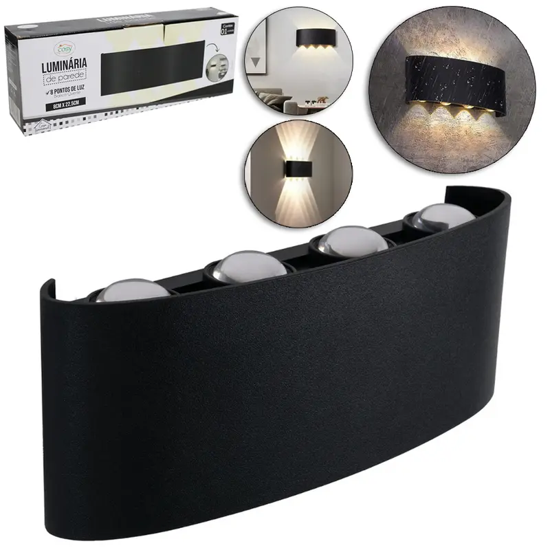 LUMINARIA DE PAREDE COM 8 PONTOS DE LUZ DE LED BRANCO QUENTE 8W BIVOLT 22,5X8CM