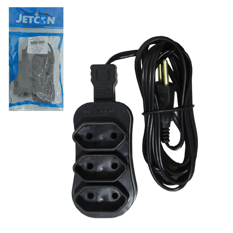 EXTENSAO PRETA 2M COM 3 TOMADAS BIPOLAR BIVOLT 2200W CABO PARALELO