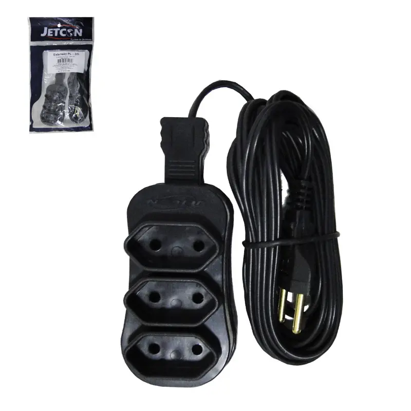 EXTENSAO PRETA 3M COM 3 TOMADAS BIPOLAR BIVOLT 2200W CABO PARALELO