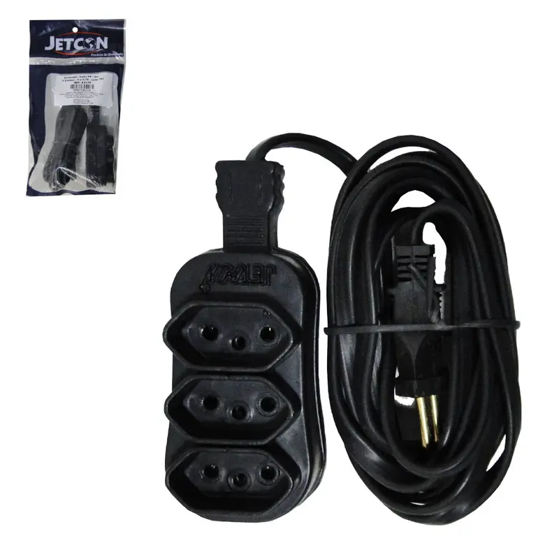 EXTENSAO PRETA 3M COM 3 TOMADAS TRIPOLAR BIVOLT 2200W CABO PP