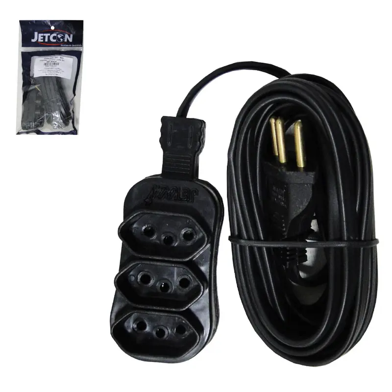 EXTENSAO PRETA 5M COM 3 TOMADAS TRIPOLAR BIVOLT 2200W CABO PP
