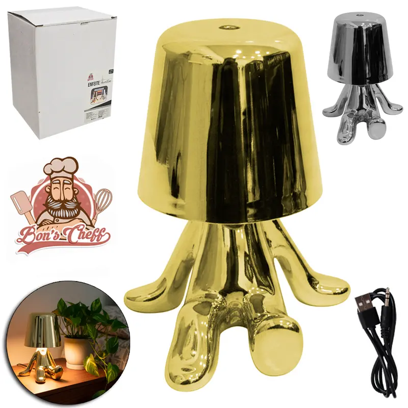 ABAJUR LUMINARIA DE PORCELANA RECARREGAVEL BOB SENTADO MAO PARA TRAS + SENSOR TOUCH USB 16X12CM