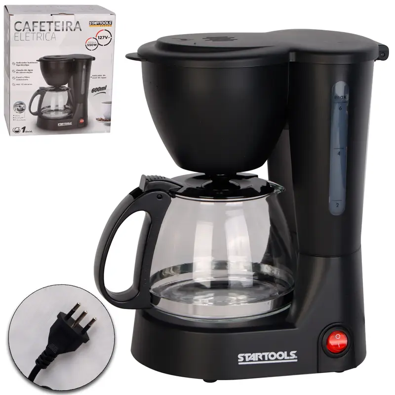 CAFETEIRA ELETRICA 127V 550W 600ML PARA 15 XICARAS COM INDICADOR NIVEL AGUA + JARRA VIDRO E COLHER MEDIDORA