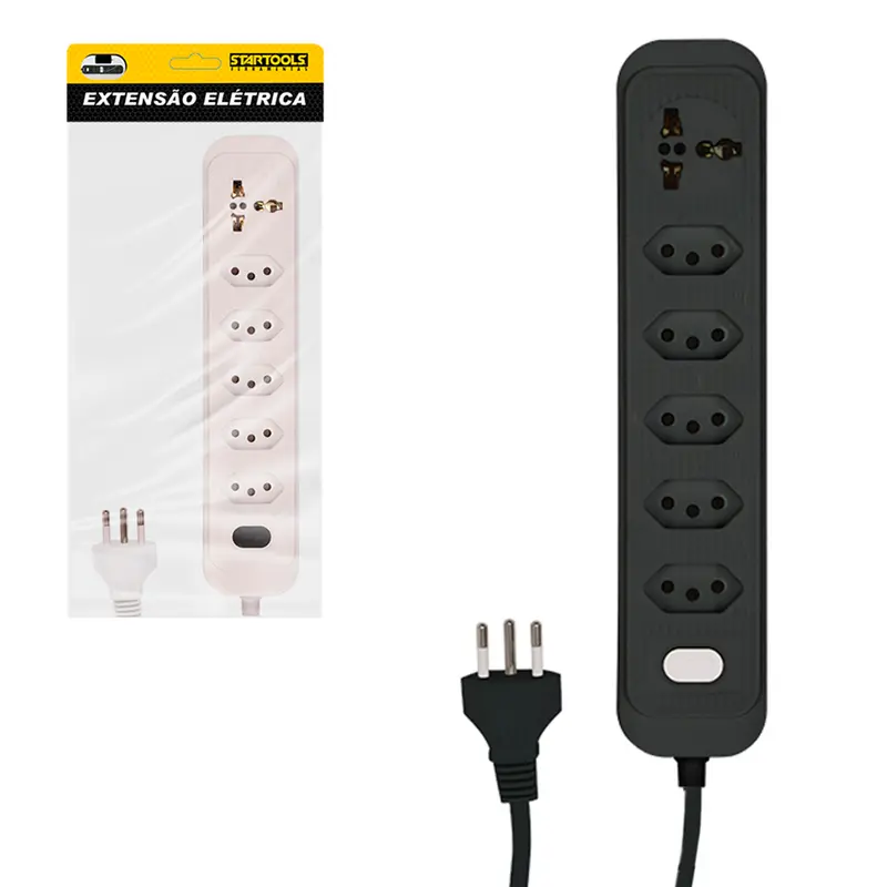 EXTENSAO FILTRO DE LINHA BRANCO / PRETO 2M COM 5 TOMADAS + 1 UNIVERSAL TRIPOLAR BIVOLT CABO PP