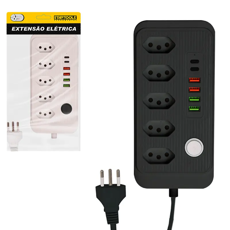 EXTENSAO FILTRO LINHA BRANCO / PRETO 2M COM 5 TOMADAS TRIPOLAR + 4 SAIDAS USB E 2 TIPO C BIVOLT CABO PP