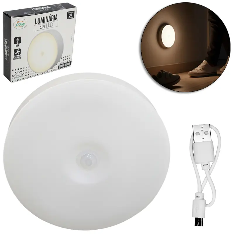 LUMINARIA REDONDA RECARREGAVEL 8 LEDS COM SENSOR + IMA AUTOADESIVO E CABO USB 8,5CM DE Ø