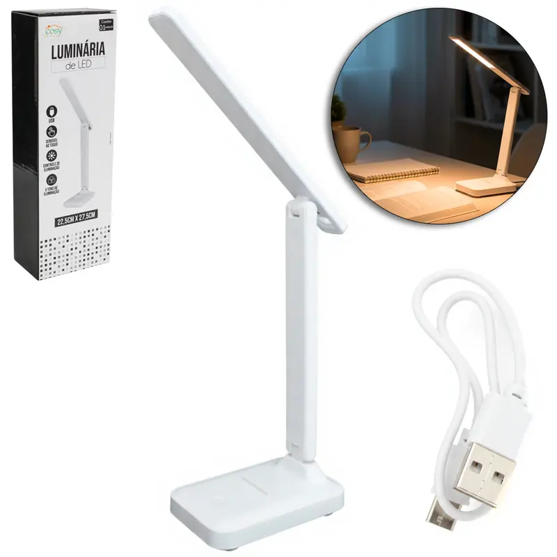 LUMINARIA DE MESA AJUSTAVEL RECARREGAVEL COM SENSOR TOUCH + 20 LEDS E SUPORTE DE CELULAR