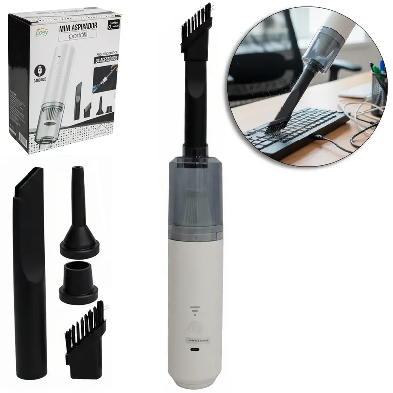 MINI ASPIRADOR DE PO ELETRICO AUTOMOTIVO PORTATIL RECARREGAVEL 1200W FILTRO + ESCOVA PARA FRESTAS CABO USB 4 PECAS