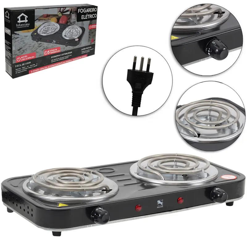 FOGAREIRO / FOGAO ELETRICO PORTATIL ESPIRAL 2 BOCAS 127V PRETO 2000W RELINX
