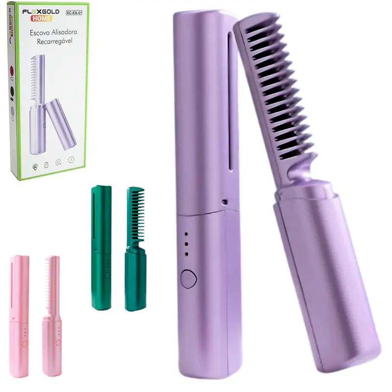 ESCOVA ALISADORA RECARREGAVEL 10W COM 3 NIVEIS DE TEMPERATURA + CABO USB FLEXGOLD HOME