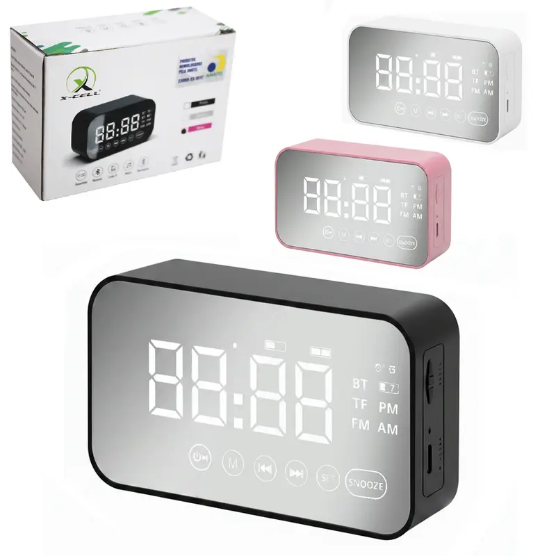 CAIXA DE SOM BLUETOOTH / FM / TF COM RELOGIO / DESPERTADOR DIGITAL RETANGULAR ESPELHADO RECARREGAVEL 5W BIVOLT X-CELL