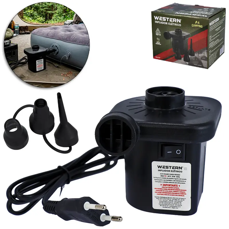 BOMBA INFLADOR ELETRICO CAMPING COM 3 BICOS 127V