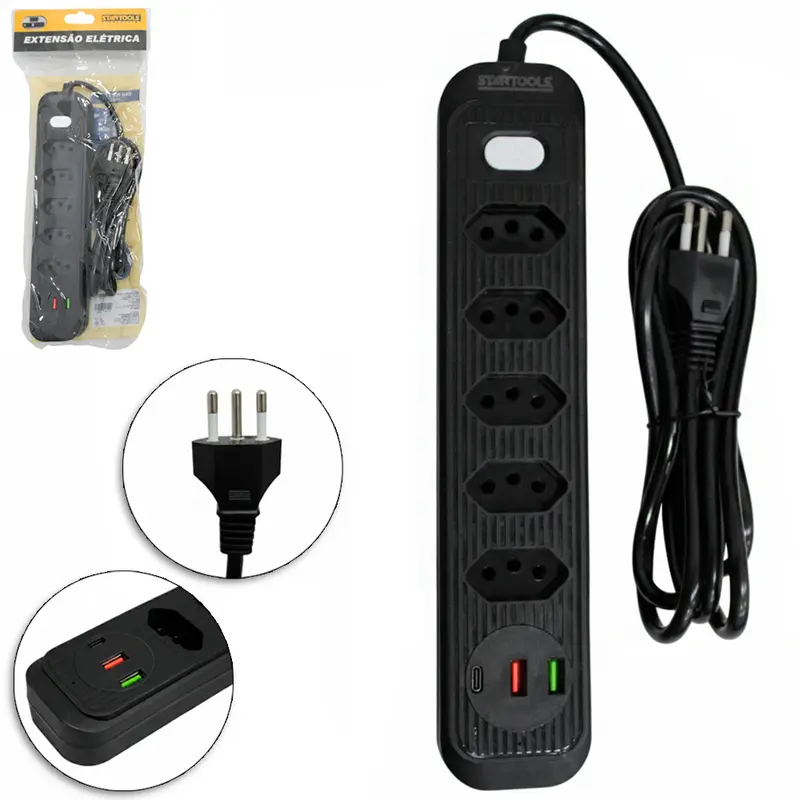 EXTENSAO FILTRO LINHA BRANCO / PRETO 2M COM 5 TOMADAS TRIPOLAR + 2 SAIDAS USB E 1 TIPO C BIVOLT CABO PP