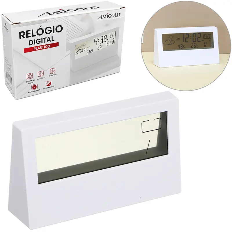 RELOGIO DE MESA / DESPERTADOR DIGITAL RETANGULAR COM TERMOMETRO + CALENDARIO A BATERIA 13,2X7,3X3CM
