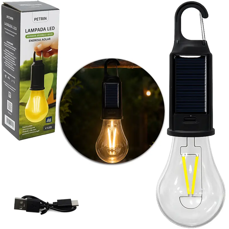LAMPADA PORTATIL PENDENTE DE LED RECARREGAVEL SOLAR / USB COM GANCHO + CABO USB