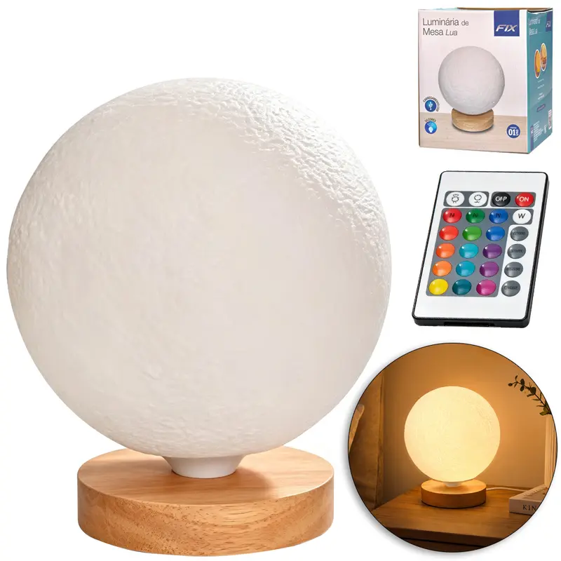 ABAJUR LUMINARIA LUA DE LED CUPULA E BASE DE MADEIRA COM CONTROLE REMOTO 17X15CM