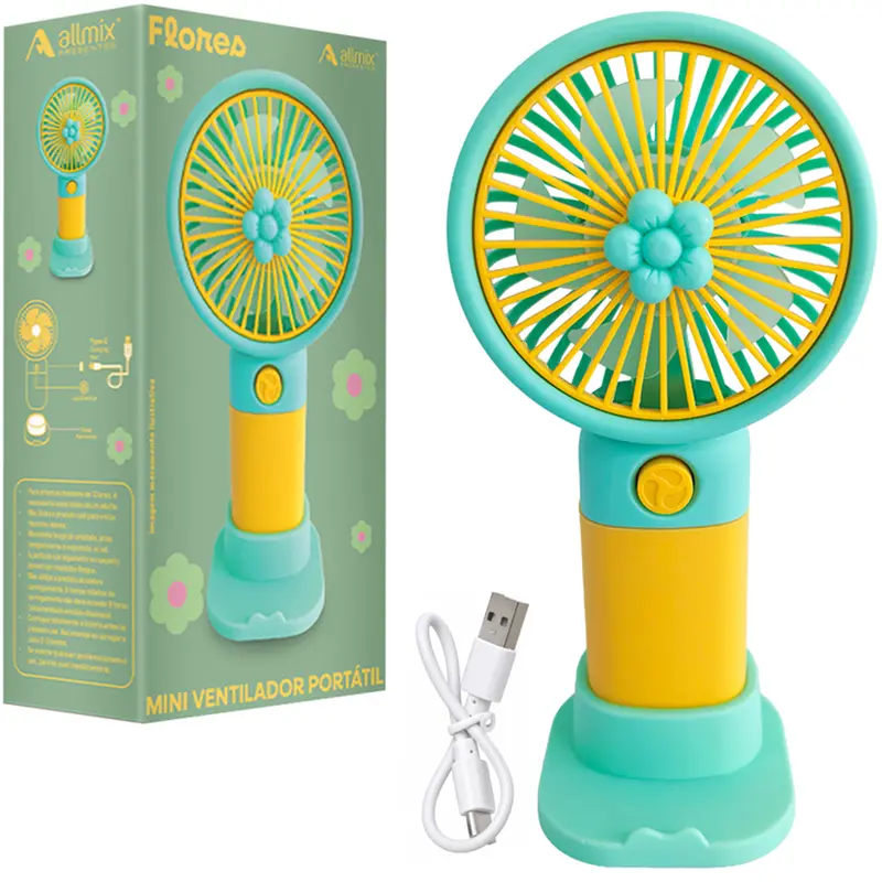 MINI VENTILADOR DE MAO / MESA PORTATIL FLORES RECARREGAVEL 5V 3 VELOCIDADES + BASE SUPORTE CELULAR E CABO USB