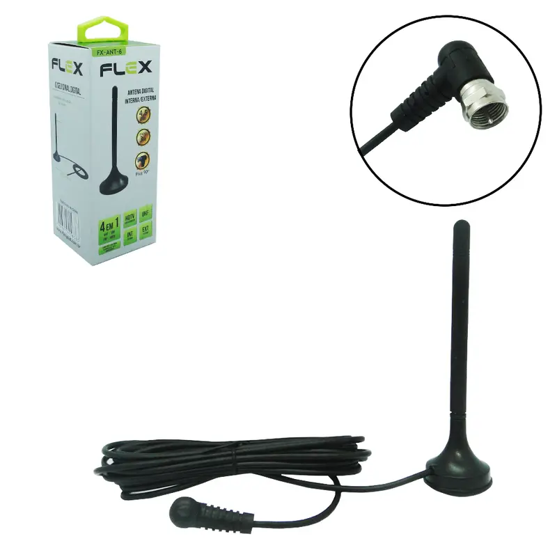 ANTENA DIGITAL INTERNA / EXTERNA HDTV / VHF / UHF / FM FLEX GOLD COM BASE IMANTADA CABO 3M