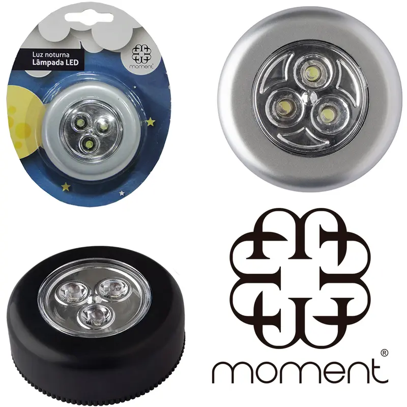 LUMINARIA DE TOQUE REDONDA AUTOADESIVA COM 3 LEDS A PILHA 6,6CM DE Ø NA CARTELA