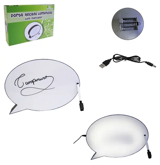 PORTA RECADO / PAINEL DECORATIVO LUMINOSO DE PLASTICO COM CANETA 21X14,5CM A PILHA / USB