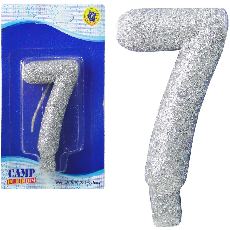 VELA DE ANIVERSARIO NUMERO 7 PRATA GLITTER 7CM NA CARTELA