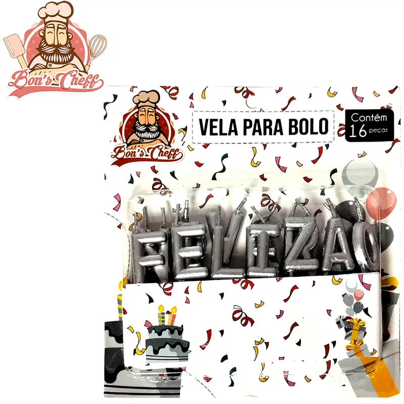 VELA DE ANIVERSARIO FELIZ ANIVERSARIO PRATA COM 16 PECAS 7,5CM BONS CHEFF