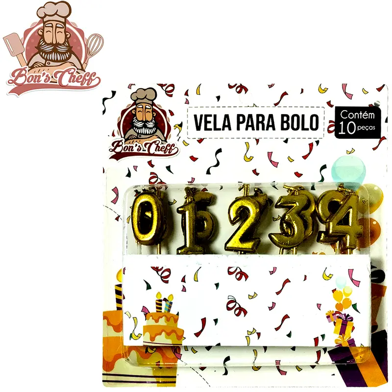 VELA DE ANIVERSARIO NUMEROS DOURADA COM 10 PECAS 7,5CM BONS CHEFF