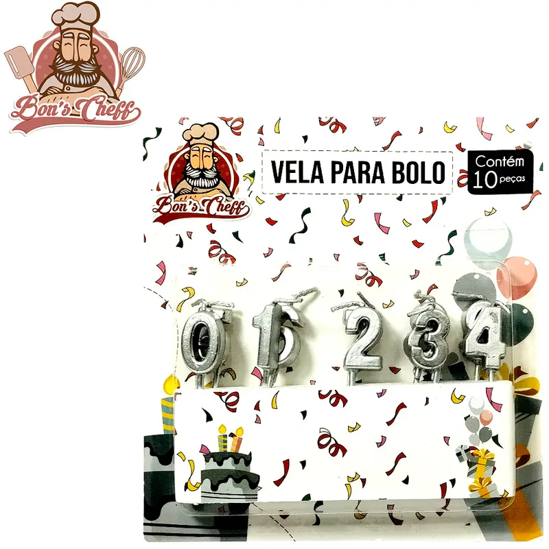 VELA DE ANIVERSARIO NUMEROS PRATA COM 10 PECAS 7,5CM BONS CHEFF