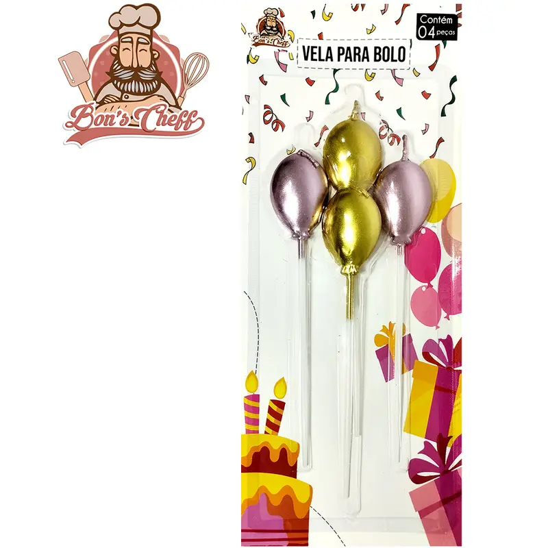 VELA DE ANIVERSARIO BALAO COM HASTE ROSA / DOURADA COM 4 PECAS 14,5CM BONS CHEFF