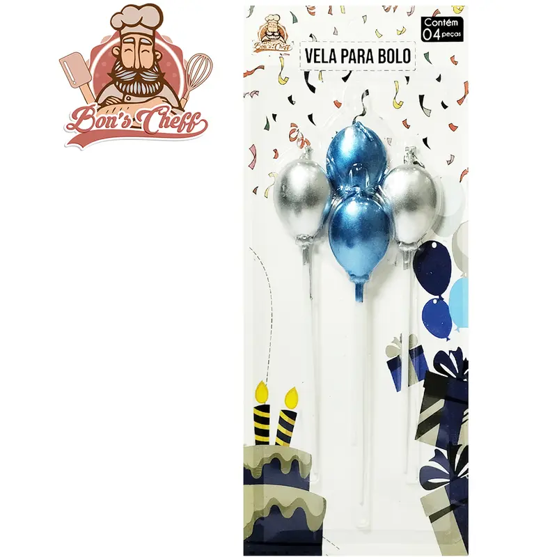 VELA DE ANIVERSARIO BALAO COM HASTE AZUL / PRATA COM 4 PECAS 14,5CM BONS CHEFF