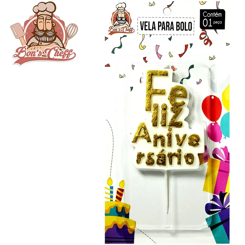 VELA DE ANIVERSARIO PLACA FELIZ ANIVERSARIO 13,5X7CM BONS CHEFF