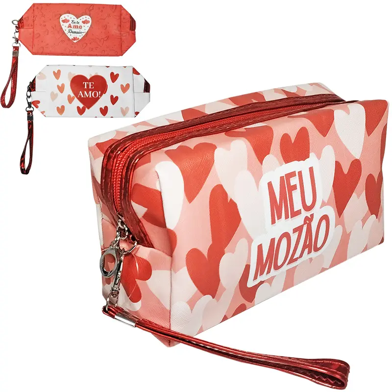 NECESSAIRE DE PVC RETANGULAR FEMININA CORACAO COM ALCA E ZIPER 18X10X7CM