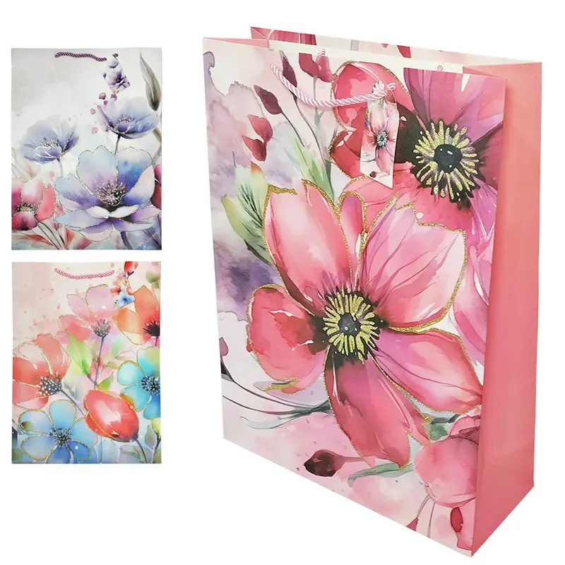 BOLSA SACOLA DE PAPEL PARA PRESENTE LUXO FLORES COM GLITTER 42X31X12CM