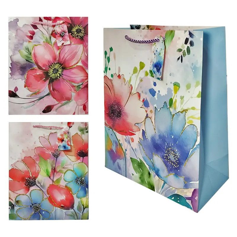 BOLSA SACOLA DE PAPEL PARA PRESENTE LUXO FLORES COM GLITTER 32X26X12CM