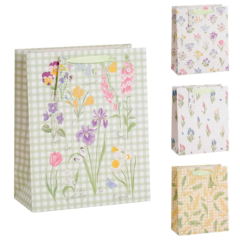 BOLSA SACOLA DE PAPEL PARA PRESENTE FLORES COM GLITTER 23X18X10CM