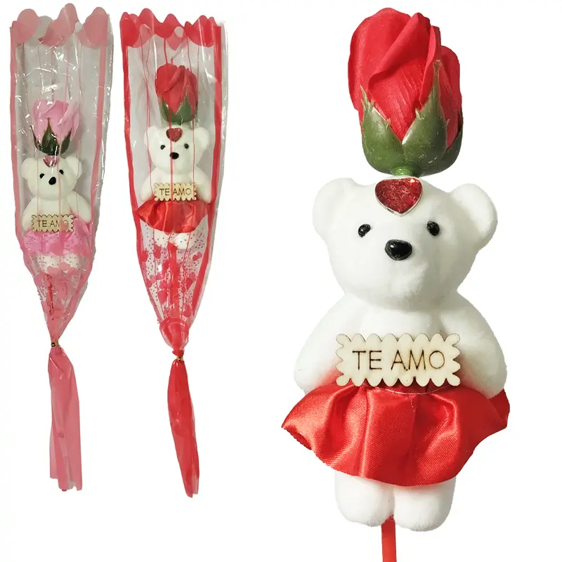 FLOR PERMANENTE BOTAO DE ROSA COM URSO 40CM