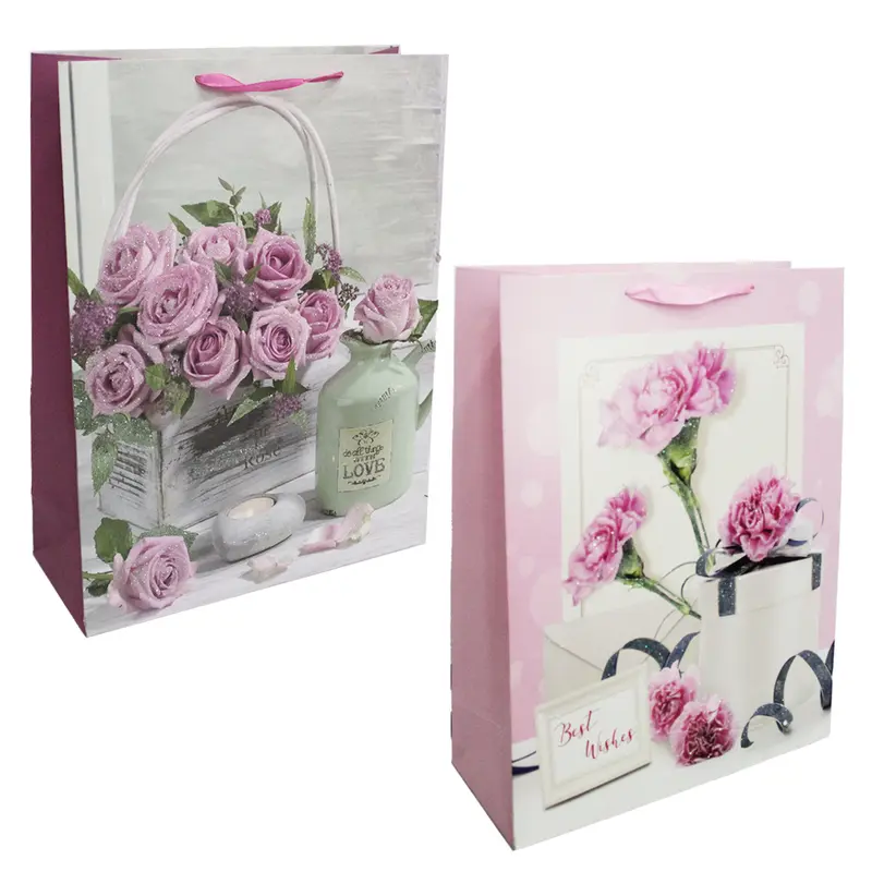 BOLSA SACOLA DE PAPEL PARA PRESENTE LUXO FLORES COM GLITTER 40X30X12CM