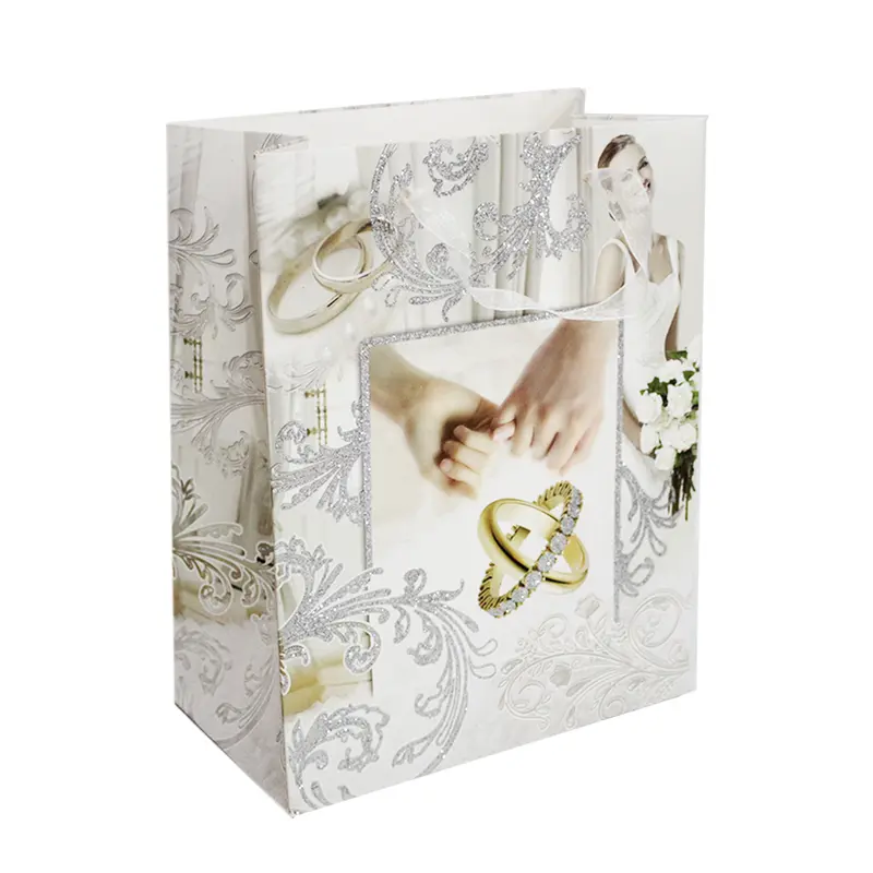 BOLSA SACOLA DE PAPEL PARA PRESENTE LUXO ALIANCAS NOIVA COM GLITTER 23X18X10CM