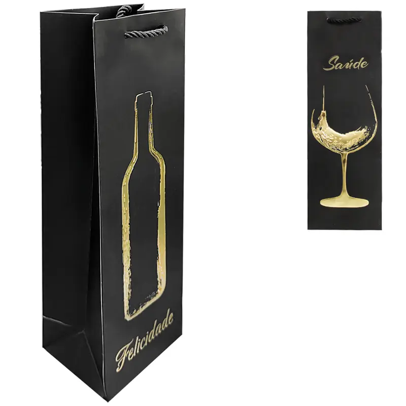 BOLSA SACOLA DE PAPEL PARA GARRAFA DE VINHO PALAVRAS 36X12X9CM