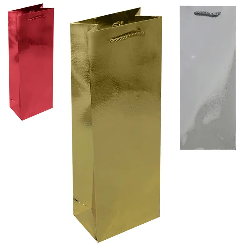 BOLSA SACOLA DE PAPEL PARA GARRAFA DE VINHO LUXO JACARE METALIZADO 36X12,8X8,2CM