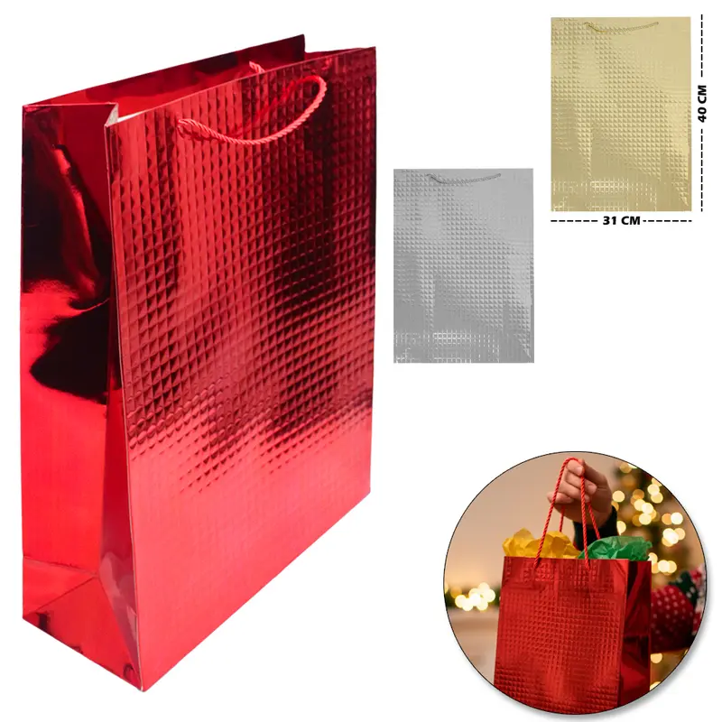 BOLSA SACOLA DE PAPEL PARA PRESENTE LUXO QUADRADO METALIZADO 40X31X12CM