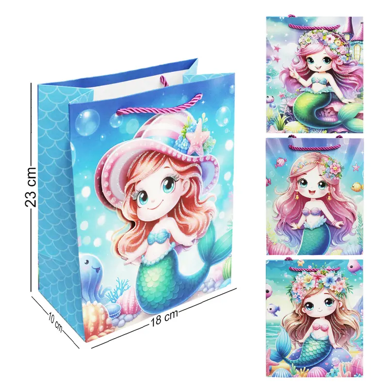 BOLSA SACOLA DE PAPEL PARA PRESENTE COM GLITTER SEREIA 3D 23X18X10CM