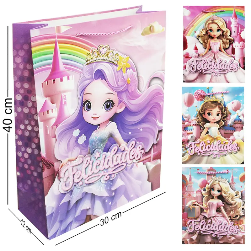 BOLSA SACOLA DE PAPEL PARA PRESENTE COM GLITTER PRINCESA FELICIDADES 3D 40X30X12CM