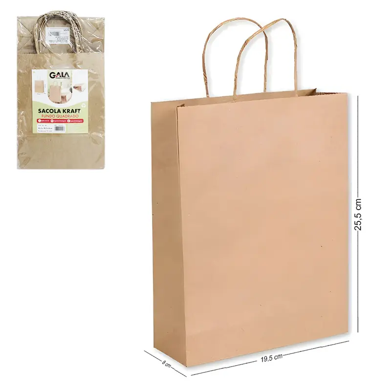BOLSA SACOLA DE PAPEL PARA PRESENTE KRAFT MARROM COM 10 PECAS 25,5X19,5X8CM