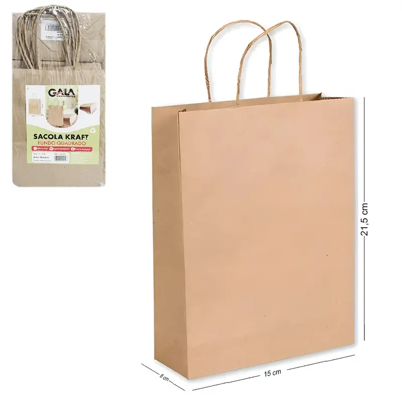 BOLSA SACOLA DE PAPEL PARA PRESENTE KRAFT MARROM COM 10 PECAS 21,5X15X8CM