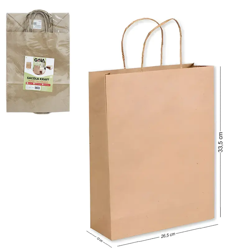BOLSA SACOLA DE PAPEL PARA PRESENTE KRAFT MARROM COM 10 PECAS 33,5X26,5X12CM