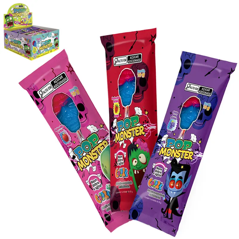 PIRULITO POP MONSTER NEON DOBRE E AGITE MACA / MORANGO / UVA 10GR DP PLAY COLORE